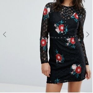 Lace and floral embroidered black mini dress